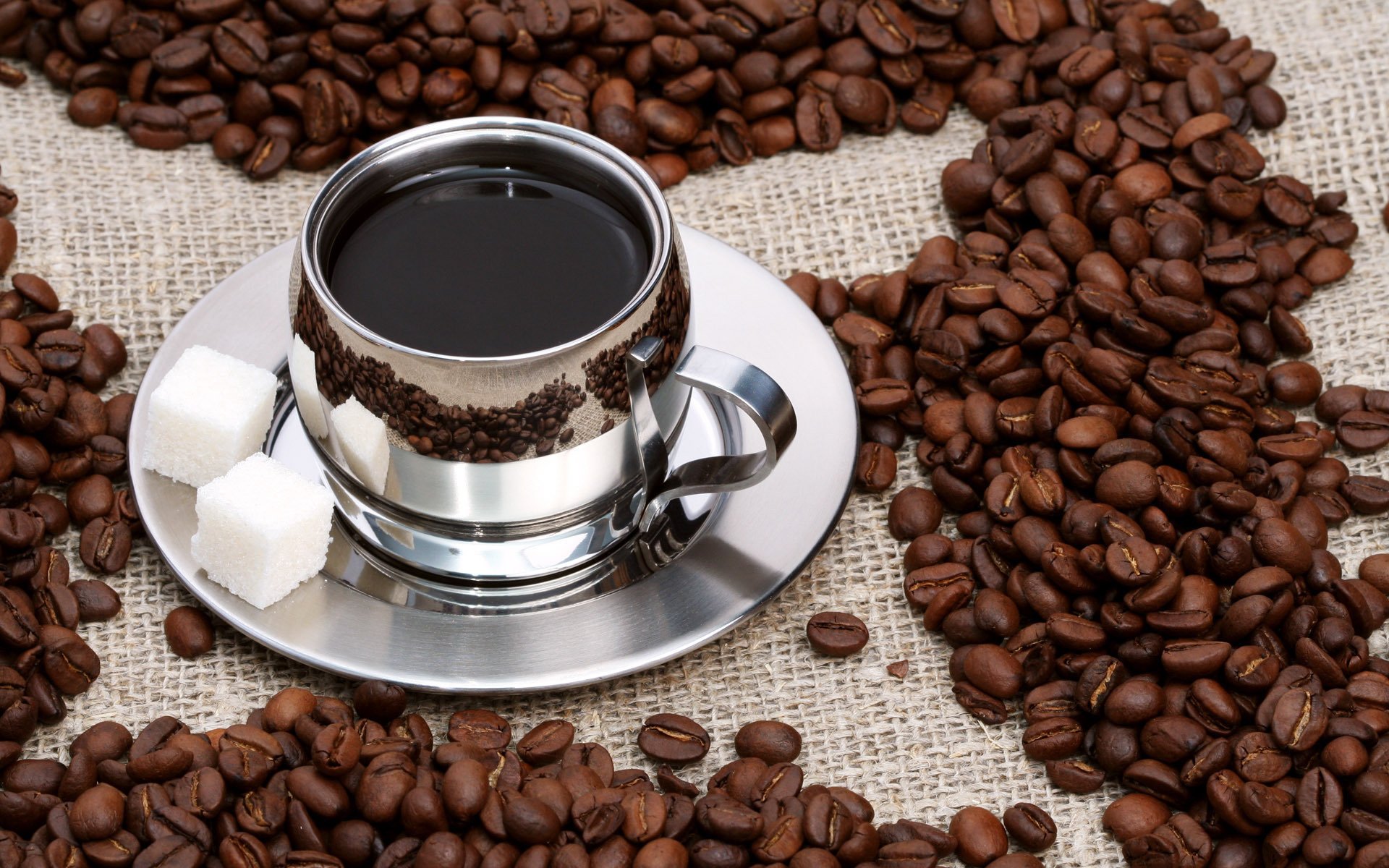 coffee, Cup, Saucer, Sugar, Coffee beans, Reflection Wallpaper