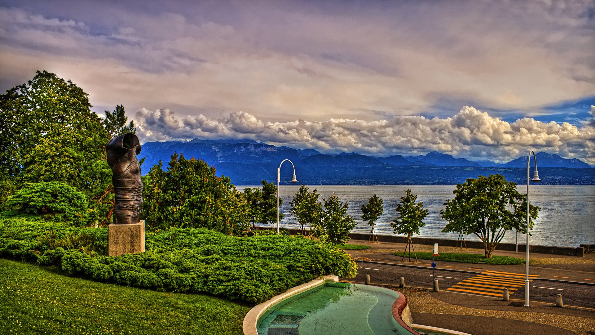 trees, Sea, Clouds, Mountains, Retouching, Cityscape Wallpaper