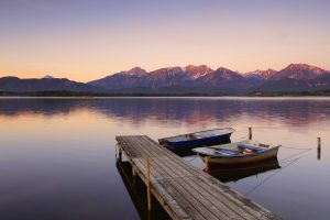 pier, Boat, Water, Reflection, Mountains, Landscape