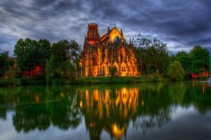 church, Water, Reflection, Trees, Sunset, Landscape