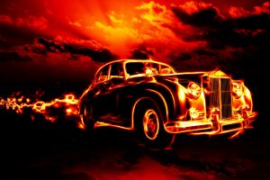 car, Fire, Digital art, Oldtimer