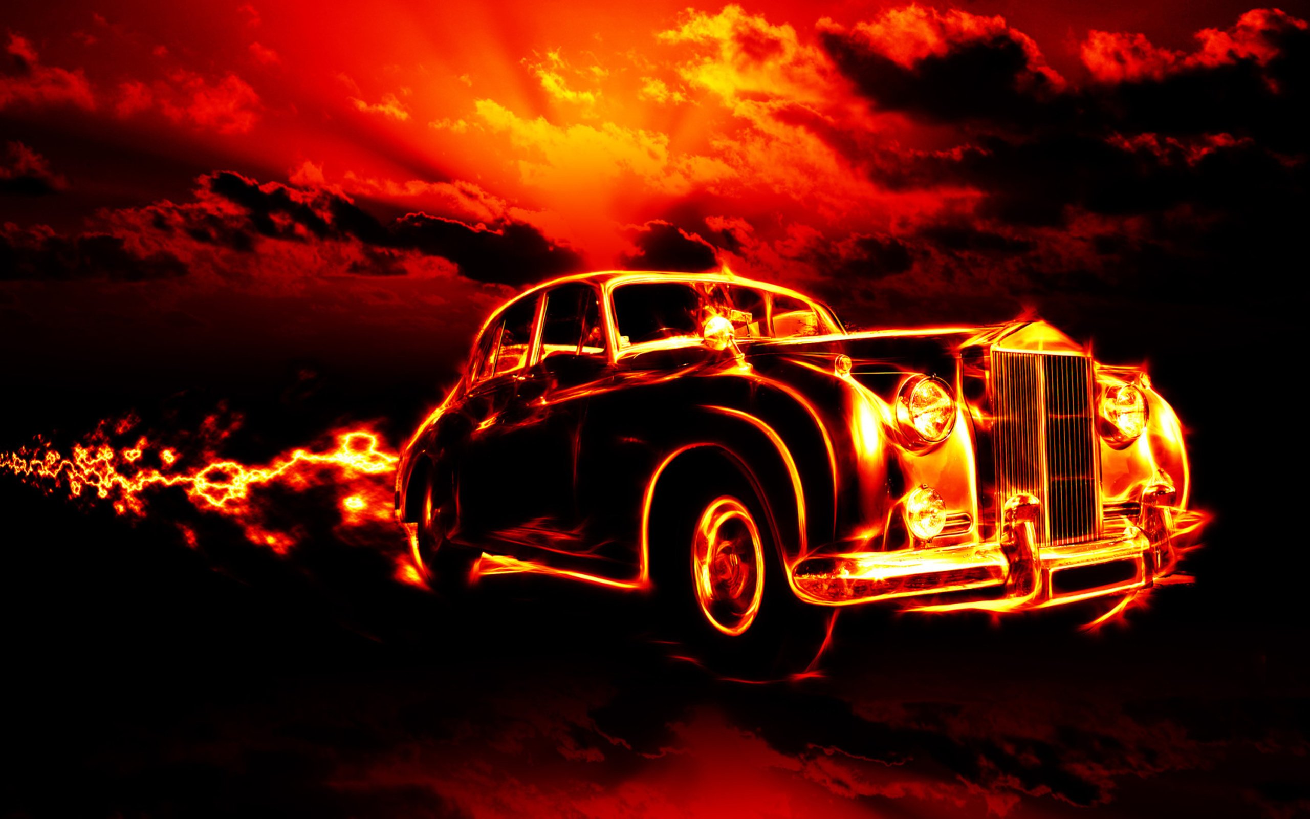 car, Fire, Digital art, Oldtimer Wallpaper