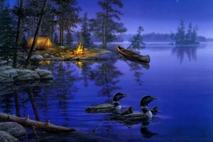 Darrell Bush, A world away, Night, Lake, Duck, Bonfires, Landscape, Painting