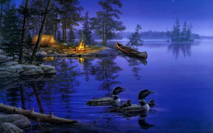 Darrell Bush, A world away, Night, Lake, Duck, Bonfires, Landscape, Painting HD Wallpaper Desktop Background