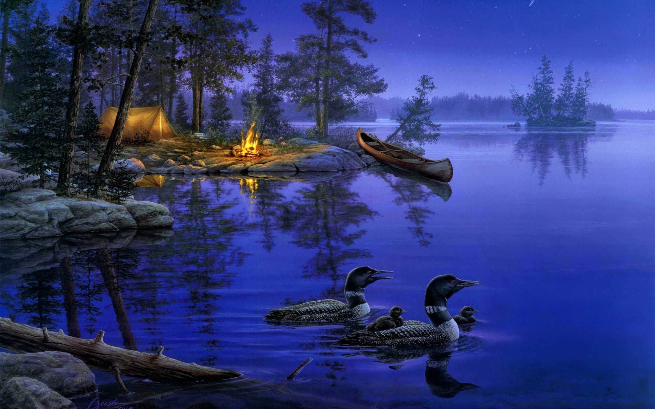Darrell Bush, A world away, Night, Lake, Duck, Bonfires, Landscape, Painting Wallpaper