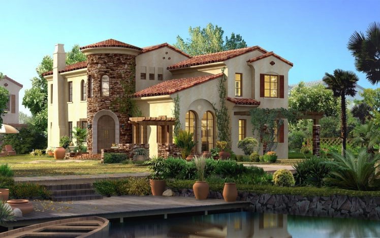 house, Backyard, Plants, Swimming pool, Architecture, 3D HD Wallpaper Desktop Background