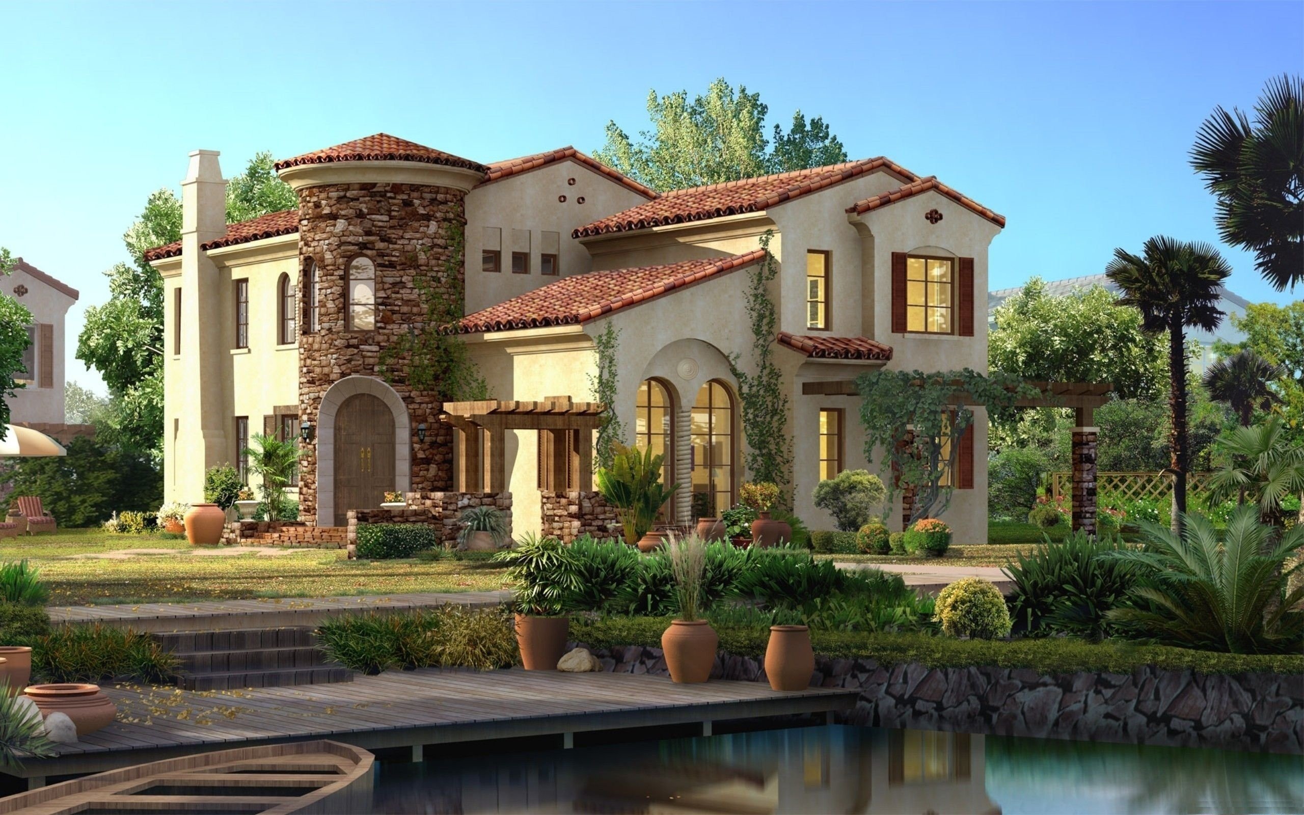 house, Backyard, Plants, Swimming pool, Architecture, 3D Wallpaper