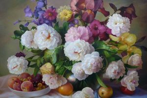 flowers, Fruit, Painting, Still life