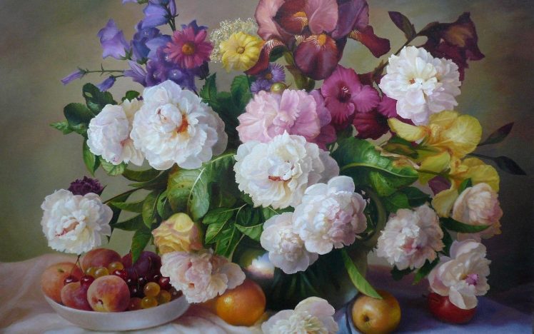 flowers, Fruit, Painting, Still life HD Wallpaper Desktop Background