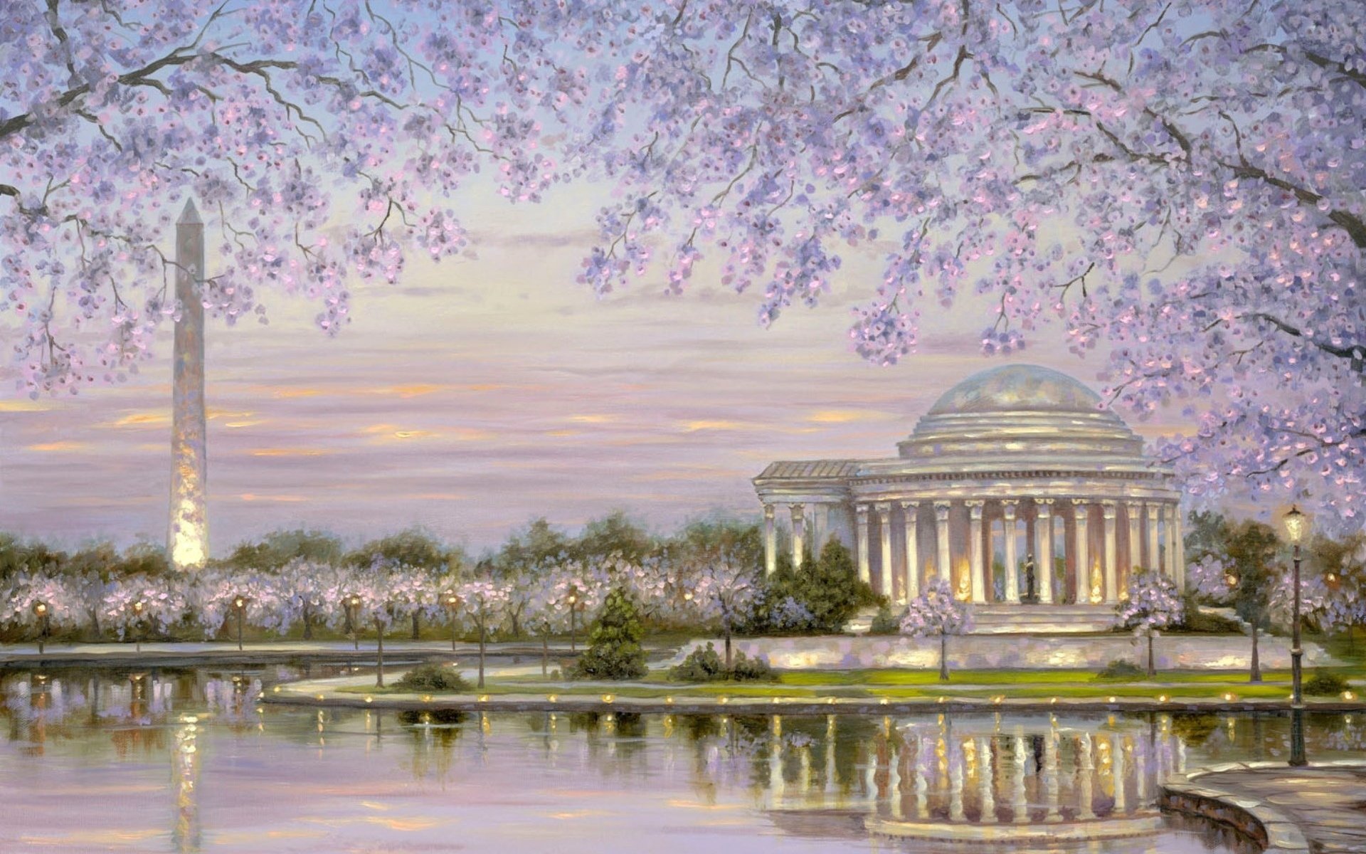Robert Finale, Painting, Building, River, Spring, Blossom Wallpaper