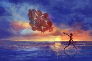 women, Floating, Balloon, Sea, Sunset, Digital art