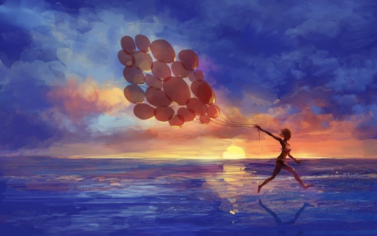 women, Floating, Balloon, Sea, Sunset, Digital art HD Wallpaper Desktop Background