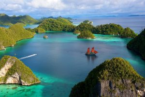 Indonesia, Sea, Landscape, Ship, Sailing ship, Island, Hills, Cliff, Nature