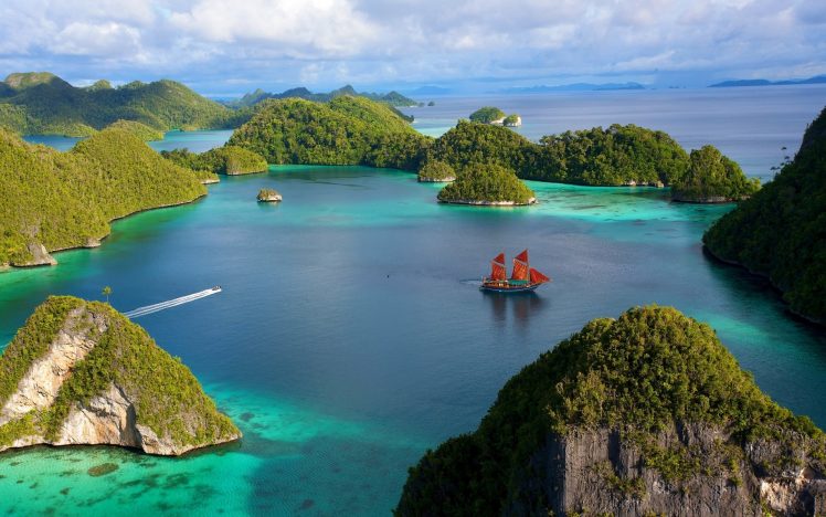 Indonesia, Sea, Landscape, Ship, Sailing ship, Island, Hills, Cliff, Nature HD Wallpaper Desktop Background