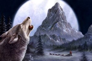 wolf, Animals, Mountains, Landscape, Winter, Painting