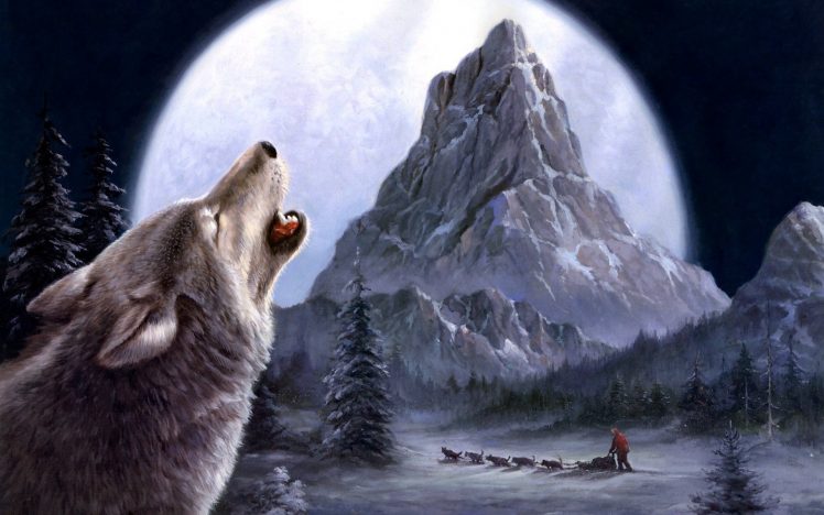 wolf, Animals, Mountains, Landscape, Winter, Painting HD Wallpaper Desktop Background