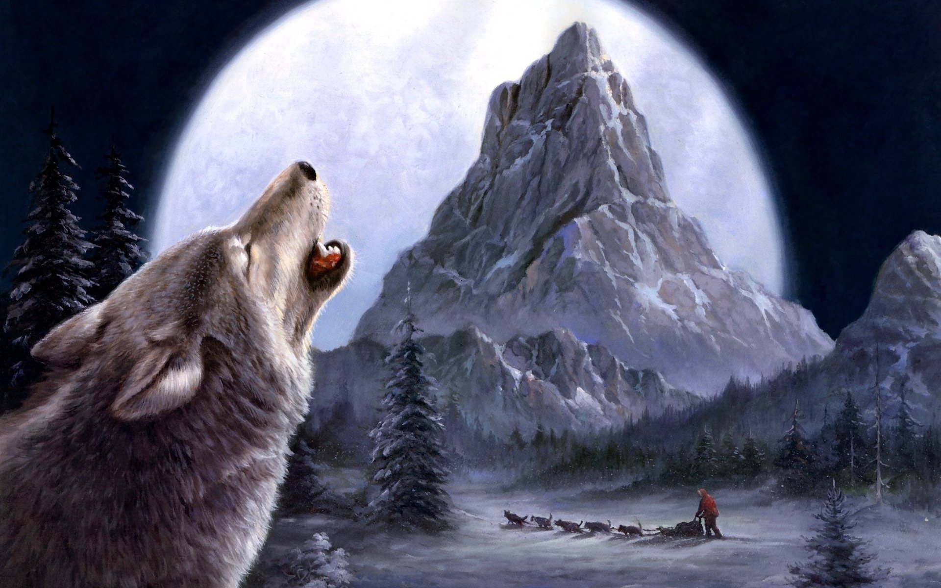 wolf, Animals, Mountains, Landscape, Winter, Painting Wallpaper