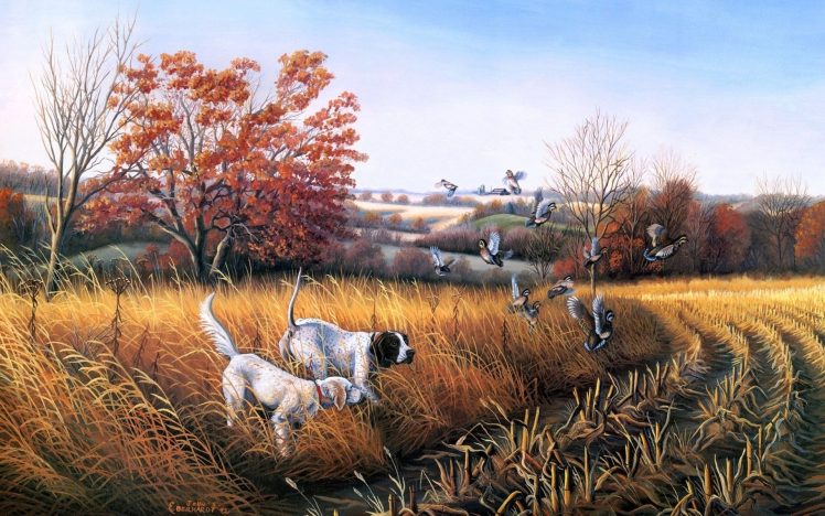 John S. Eberhardt, Dog, Birds, Landscape, Fall, Painting HD Wallpaper Desktop Background