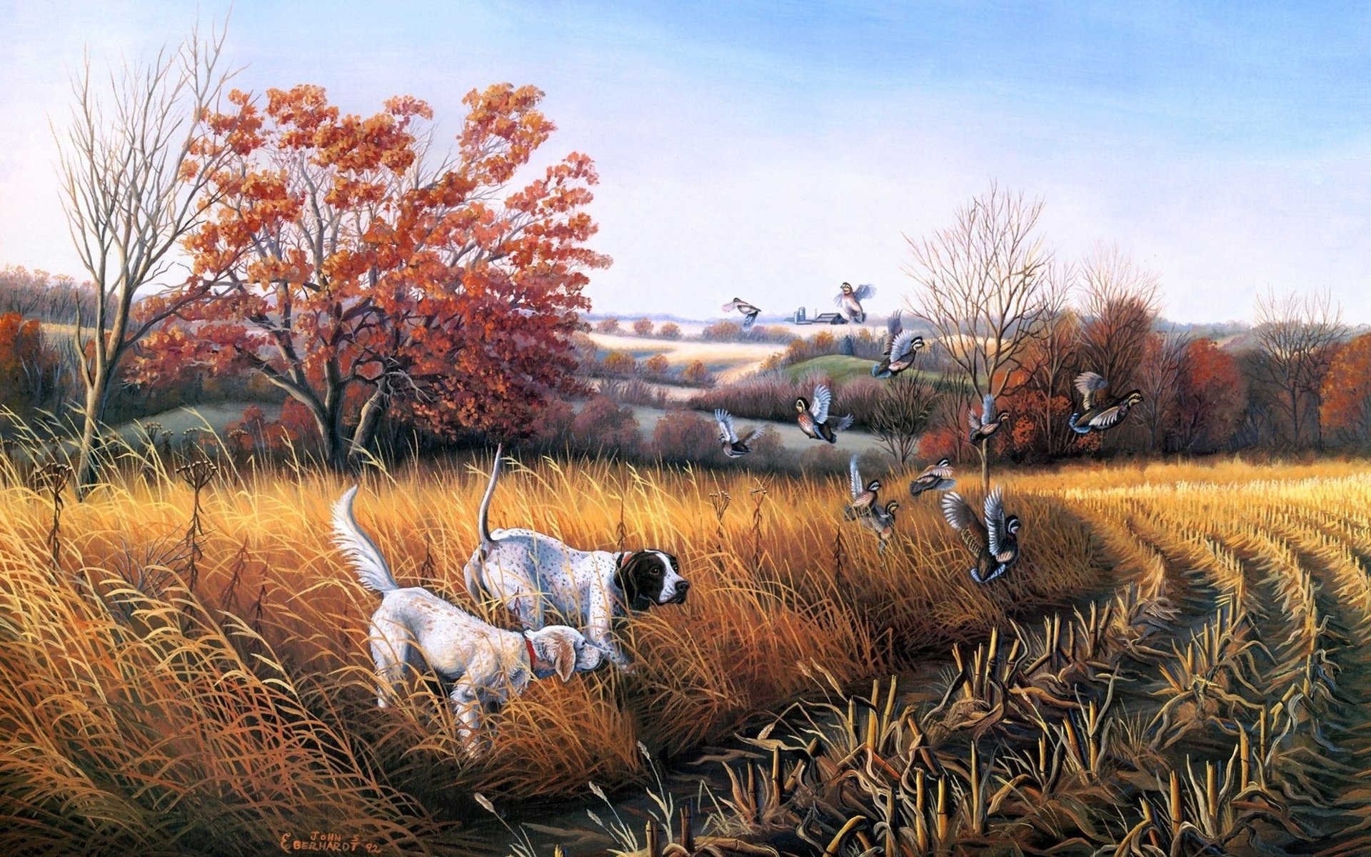 John S. Eberhardt, Dog, Birds, Landscape, Fall, Painting Wallpaper