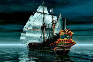 sailing ship, Sea, Moon rays, Night, Digital art