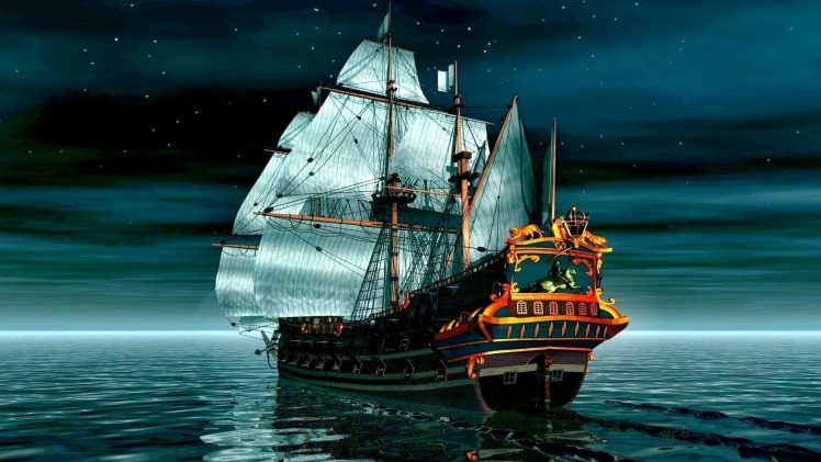 sailing ship, Sea, Moon rays, Night, Digital art HD Wallpaper Desktop Background