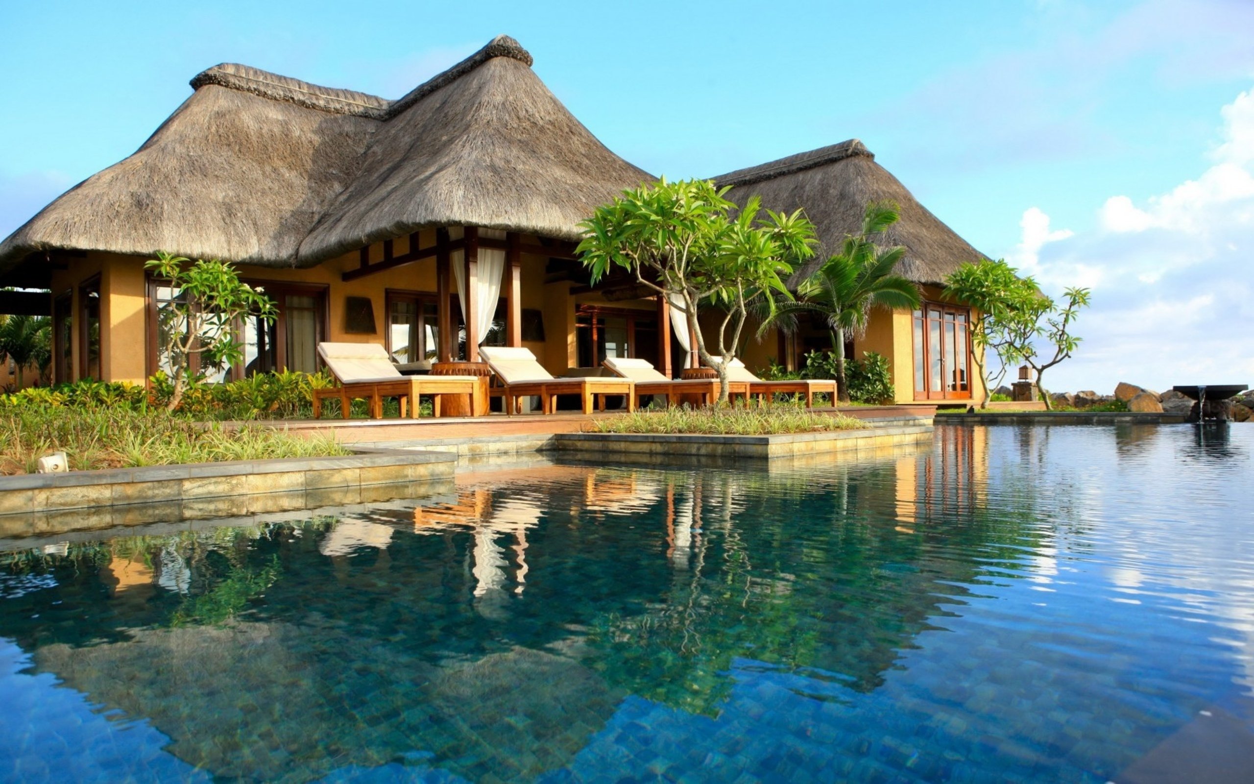 bungalow, Sea, Trees, Resort, Indonesia Wallpaper