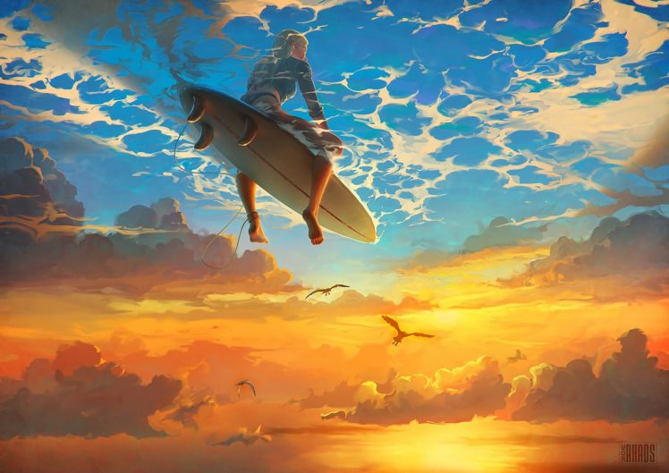 women, Water, Clouds, Sky, Blue, Surfing, Surfboards HD Wallpaper Desktop Background