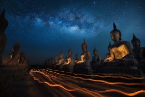 Buddha, Statue, Stars, Buddhism, Light trails, Night, Milky Way, Thailand, Festivals
