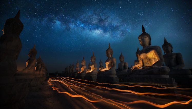 Buddha, Statue, Stars, Buddhism, Light trails, Night, Milky Way, Thailand, Festivals HD Wallpaper Desktop Background