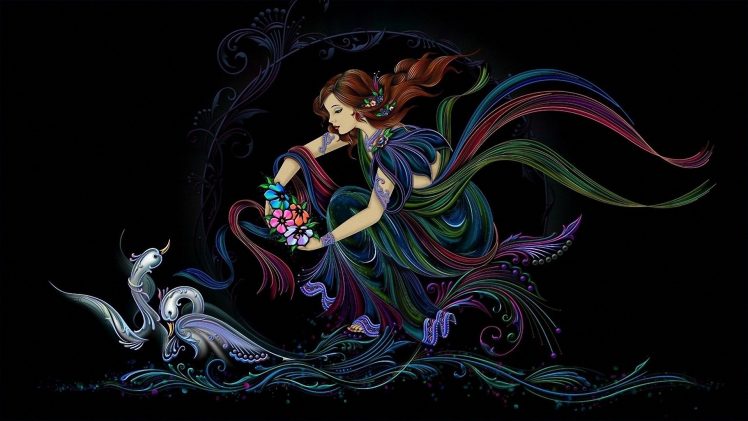 women, Swan, Flowers, Wind, Waves, Artwork, Digital art HD Wallpaper Desktop Background