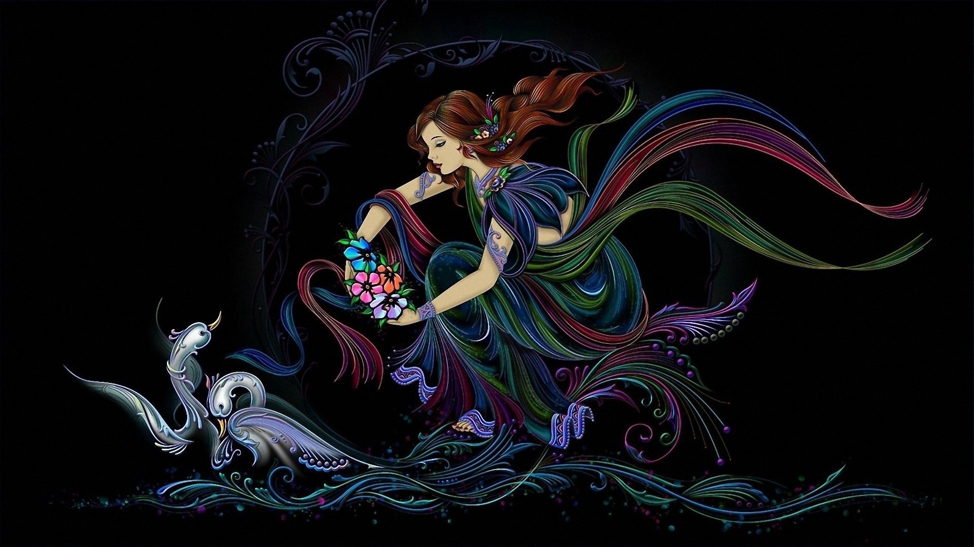 women, Swan, Flowers, Wind, Waves, Artwork, Digital art Wallpaper