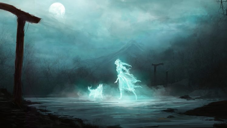 women, Ghosts, Dog, Night, Mist, Digital art, Moon HD Wallpaper Desktop Background