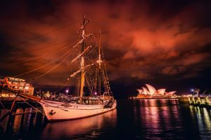 sailing ship, Sea, Night, Sky, Reflection, Lights, City, Australia, Sydney