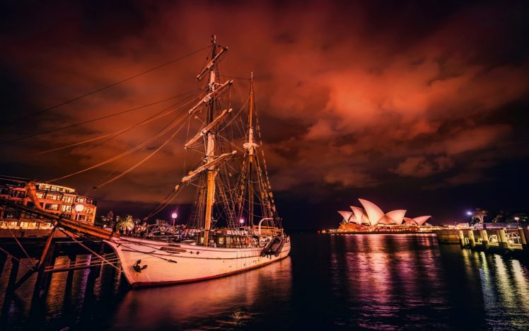 sailing ship, Sea, Night, Sky, Reflection, Lights, City, Australia, Sydney HD Wallpaper Desktop Background