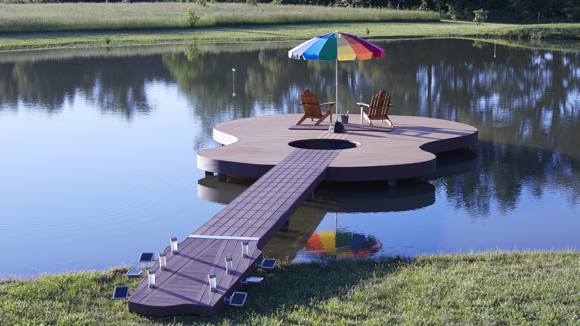 guitar, Pier, Sunshade, Water, Deck chairs Wallpaper