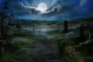 night, Moon, Clouds, Cemetery, Artwork, Digital art