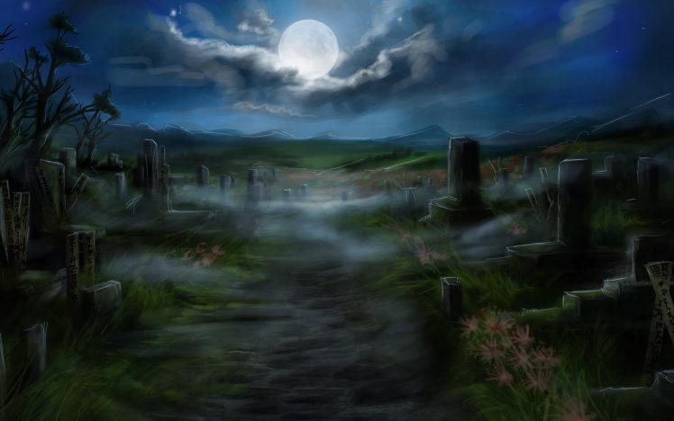 night, Moon, Clouds, Cemetery, Artwork, Digital art HD Wallpaper Desktop Background