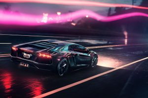 digital art, Neon, Lamborghini Aventador