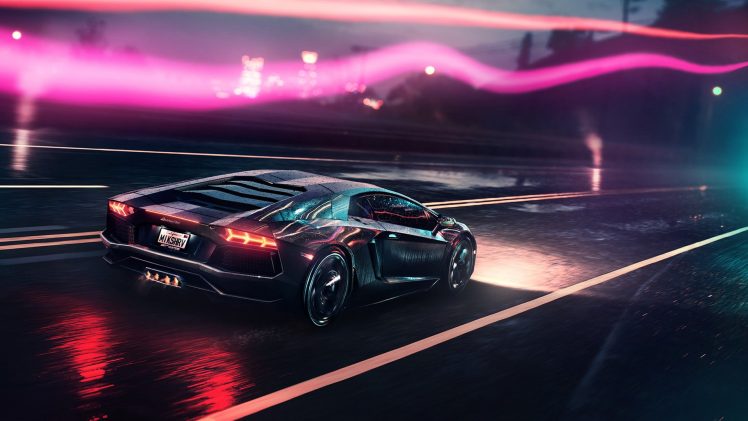digital art, Neon, Lamborghini Aventador HD Wallpaper Desktop Background