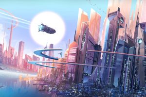 digital art, Cityscape, Spaceship, Futuristic city