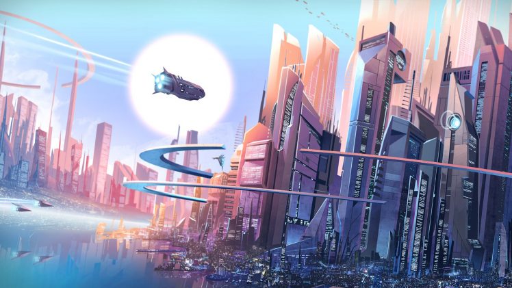 digital art, Cityscape, Spaceship, Futuristic city HD Wallpaper Desktop Background
