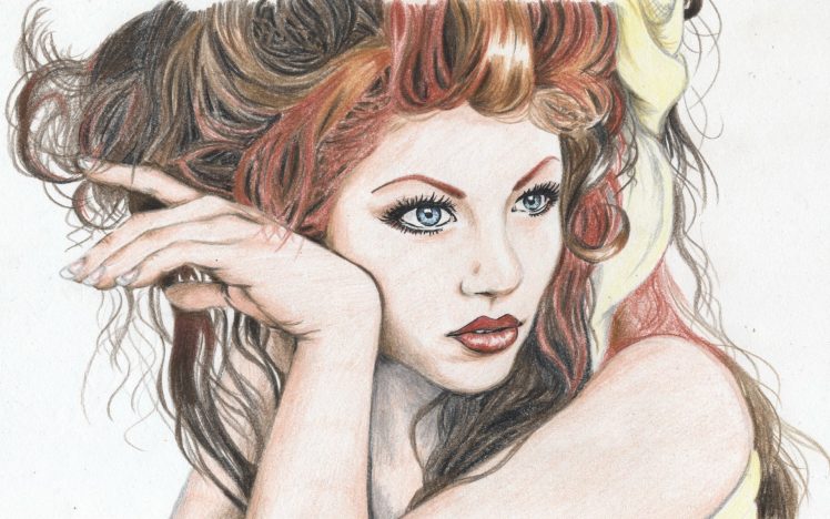 women, Redhead, Arm, Face, Simple background, Artwork HD Wallpaper Desktop Background