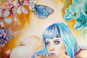 women, Hair, Christina Papagianni, Butterfly, Flowers, Blue, Artwork