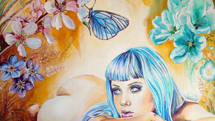 women, Hair, Christina Papagianni, Butterfly, Flowers, Blue, Artwork HD Wallpaper Desktop Background