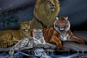 lion, Tiger, Trees, Waves, Artwork, Digital art, Leopard, Snow leopard