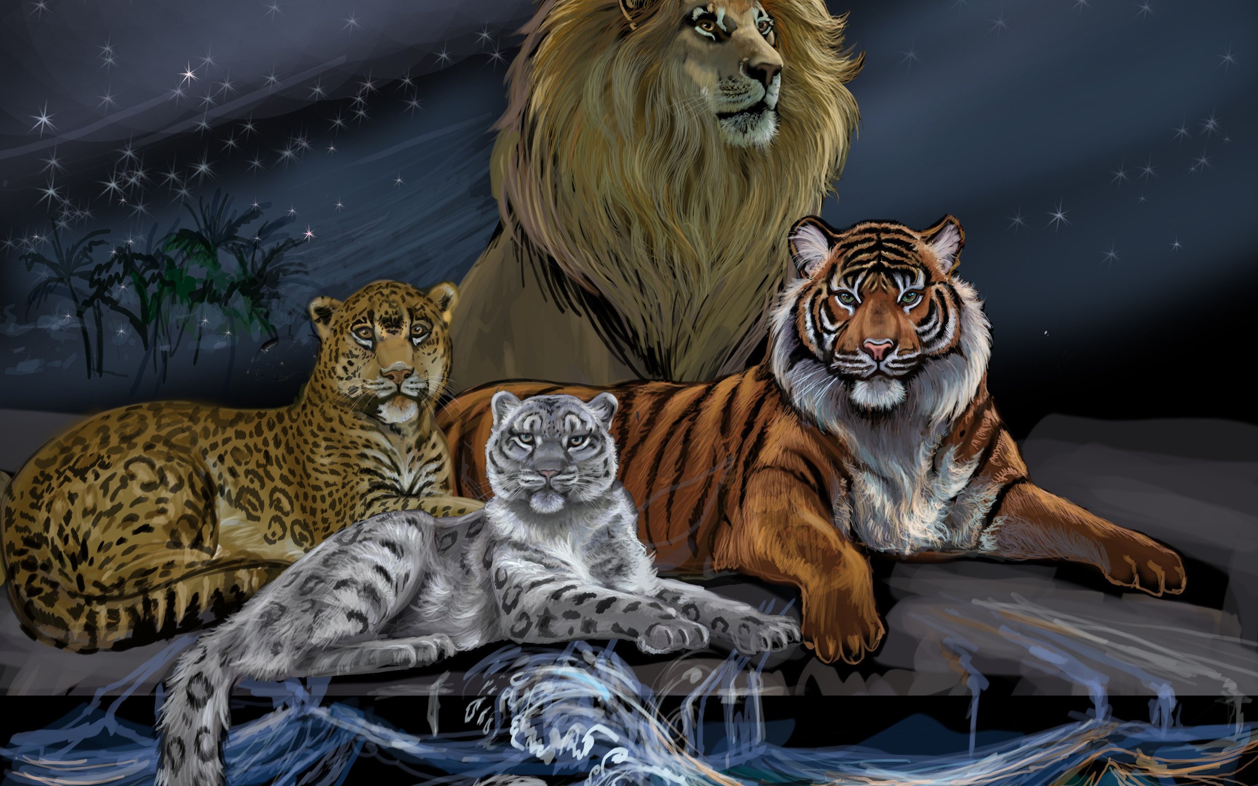 lion, Tiger, Trees, Waves, Artwork, Digital art, Leopard, Snow leopard