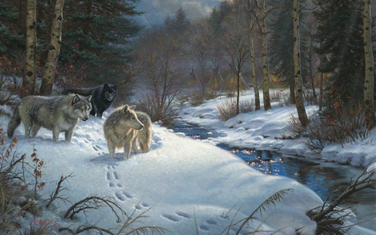 Mark Keathley,  Valley of Shadows, Wolf, Forest, Winter, Snow, Painting HD Wallpaper Desktop Background