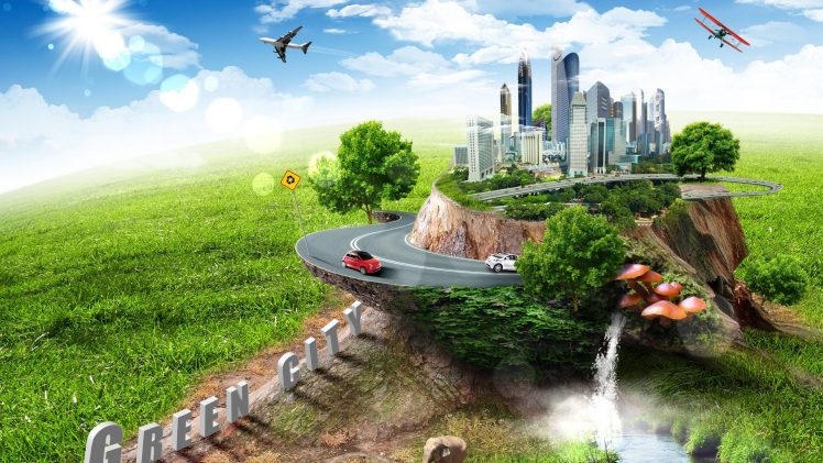 building, Car, Airplane, Sky, Grass, Trees, Water, Digital art HD Wallpaper Desktop Background