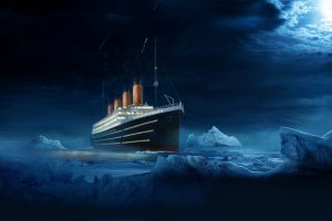 ship, Sea, Night, Moon, Iceberg, Titanic, Digital art