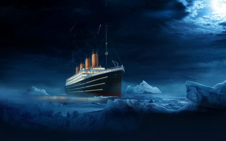 ship, Sea, Night, Moon, Iceberg, Titanic, Digital art HD Wallpaper Desktop Background